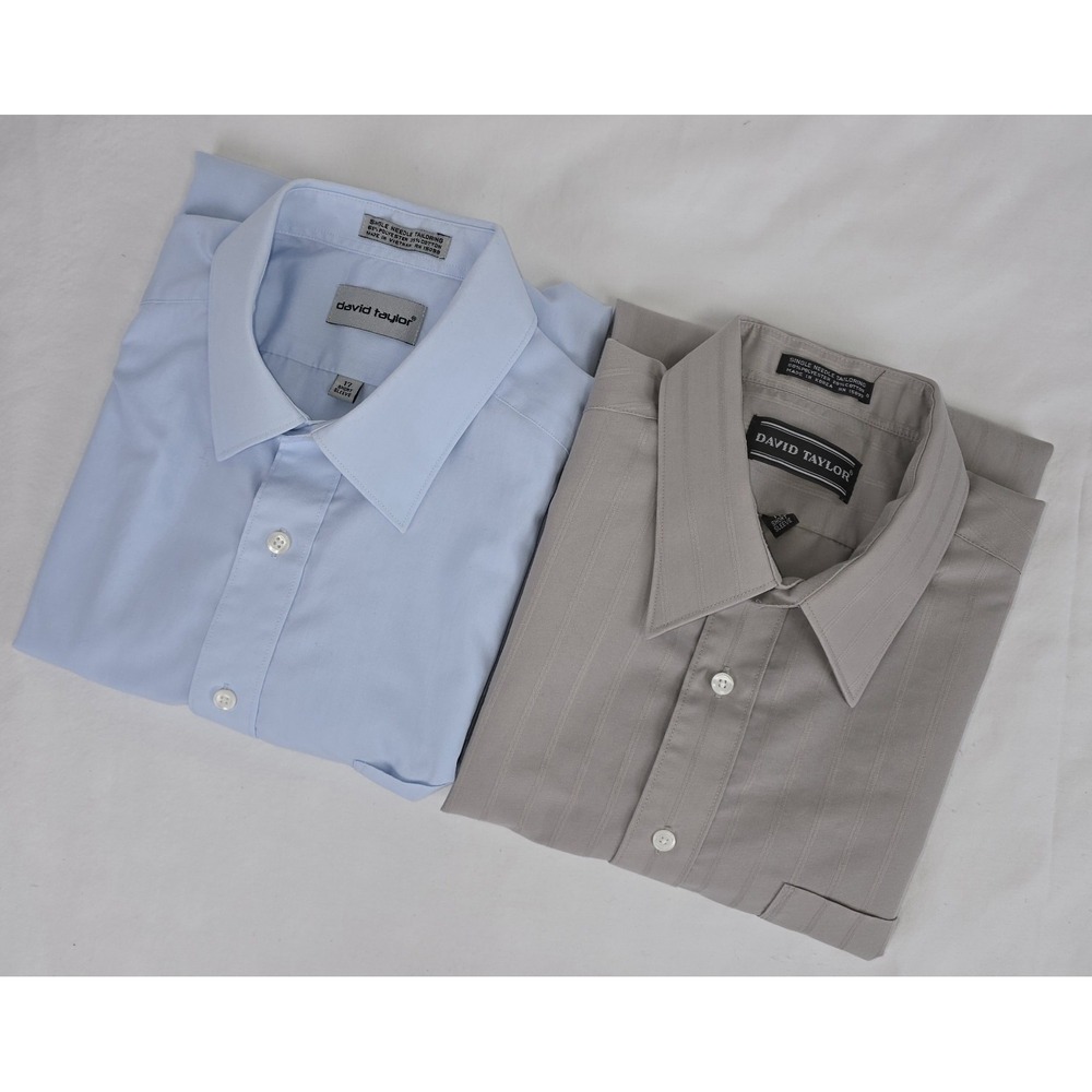 Lot of‎ 2 David Taylor Shirts Men Sz 17 Wrinkle Free Beige Blue Short Sleeve Vtg